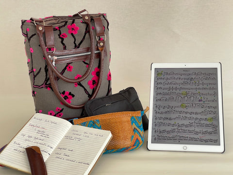 handgemaakte tas, kersenbloesem tas, tas gecombineerd met stof en leer, iPad-tas